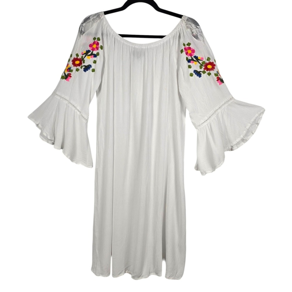 Spiaggia Dolce Gauze Dress Womens 1X White Embroidered Bell Sleeve Boho Hippie